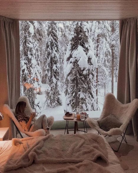Interieur d'un chalet en Savoie avec vue sur les forêts enneigées