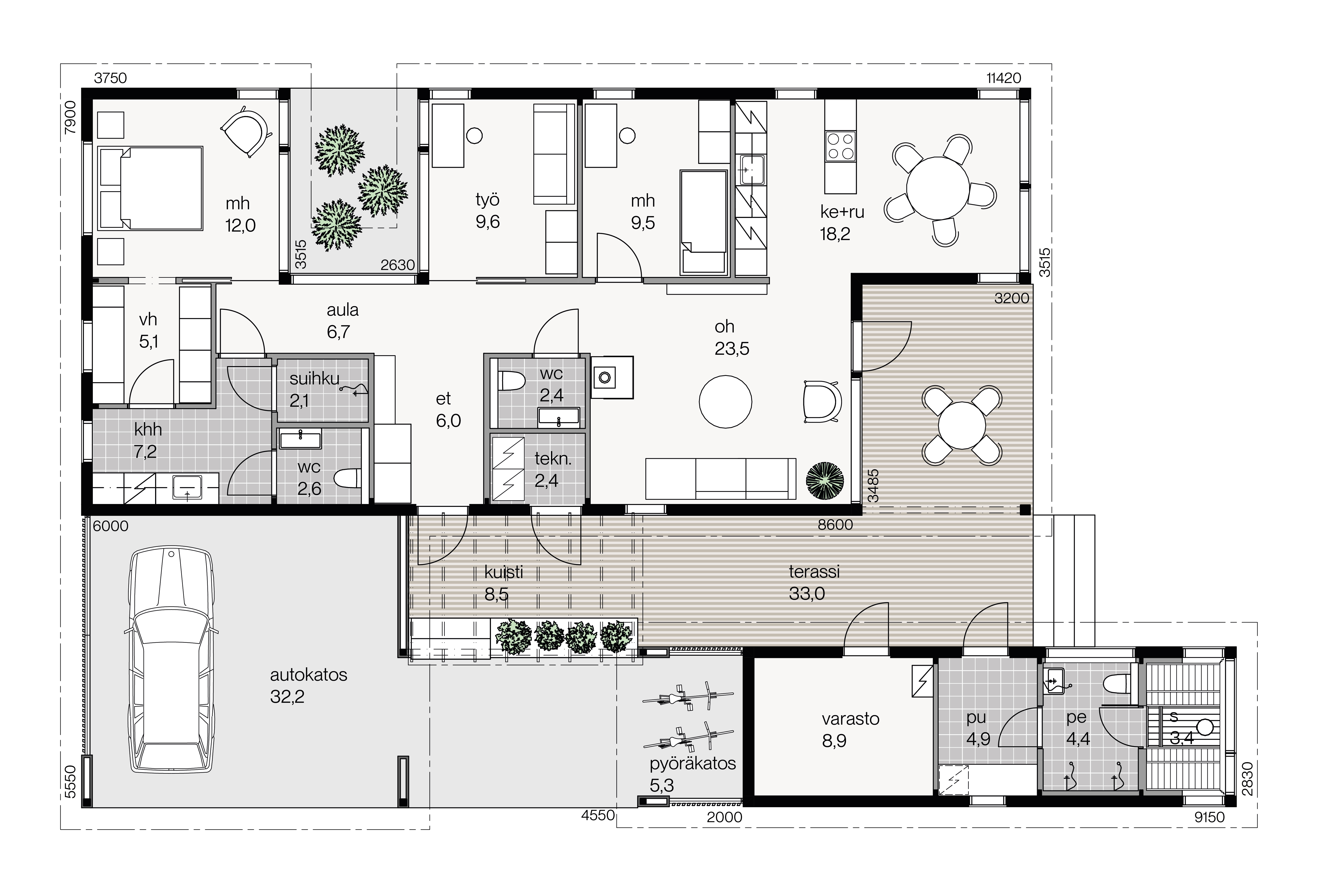 Vehmas 123A pihasaunalla ja autokatoksella floor plan 1